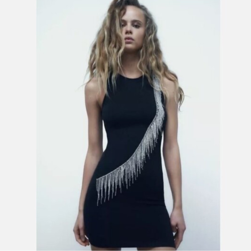Zara Rhinestone Fringe Bodycon Mini Dress Black Sleeveless Stretch XS-S NWT